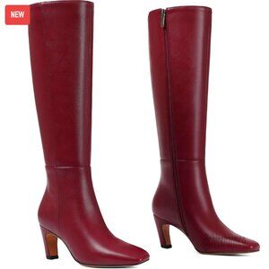 Kitten Heel Knee High Boots Square Toe Faux Leather Low Heel Side Zipper